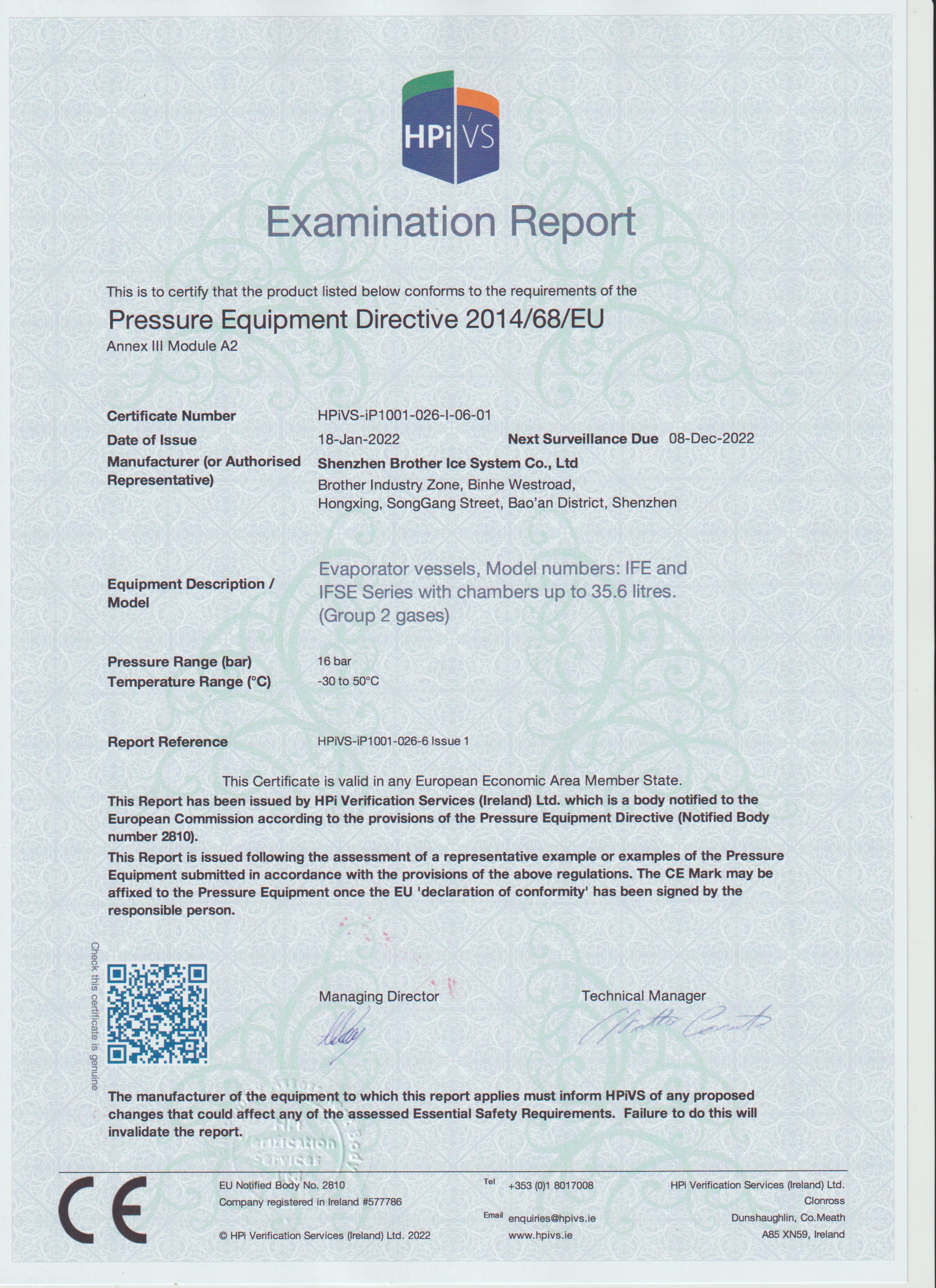 Certificado PED do evaporador de gelo em flocos ICESTA