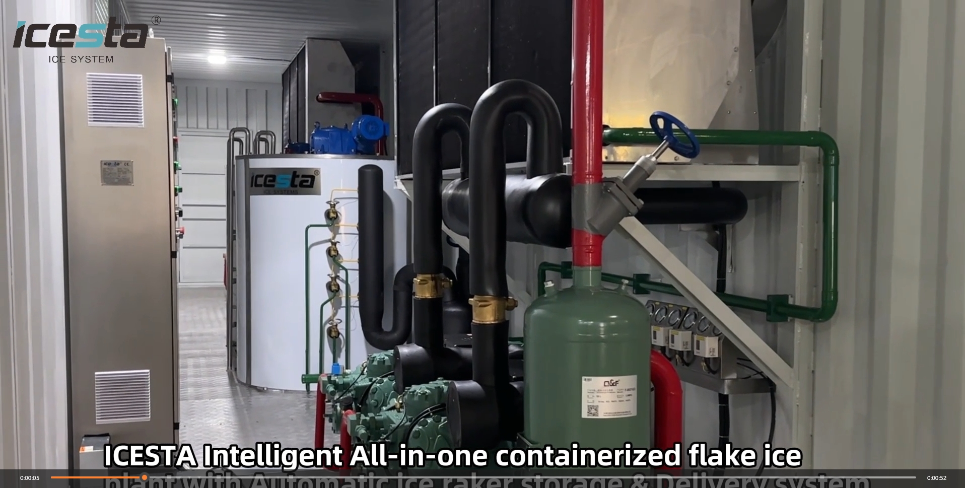 Pabrik es serpihan dalam kontainer ICESTA Intelligent All-in-one dengan sistem penggaruk & pengiriman es otomatis